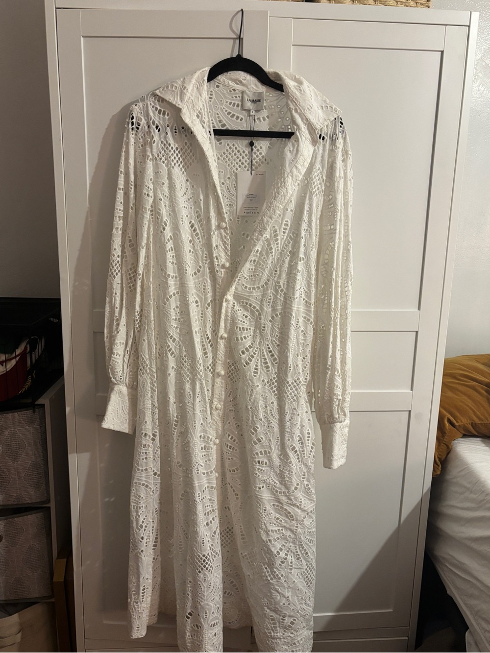 White Crochet Maxi Shirt Dress with Long Sleeves